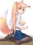  animal_ear_fluff animal_ears ass blonde_hair blue_eyes eyebrows_visible_through_hair fox_ears fox_tail highres long_hair looking_at_viewer looking_back original panties panties_under_pantyhose pantyhose side_ponytail sogaya solo tail unaligned_ears underwear 