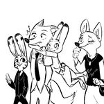  anthro arctic_fox buckteeth canine clothed clothing disney female fox fur group hug jack_savage jewelry judy_hopps lagomorph male mammal monochrome necklace necktie nick_wilde one-eye_closed police_uniform purse rabbit replytoanons size_difference skye_(zootopia) smile suit teeth text uniform zootopia 