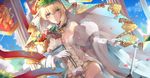  aestus_estus bad_id bad_pixiv_id bangs banner belt blonde_hair blue_sky bouquet breasts bridal_veil cleavage cloud cloudy_sky commentary_request day dutch_angle eyebrows_visible_through_hair fate/extra fate/extra_ccc fate_(series) flower gloves green_eyes hair_between_eyes highres holding holding_bouquet ichinosenen laurel_crown leotard medium_breasts nero_claudius_(bride)_(fate) nero_claudius_(fate)_(all) outdoors red_flower red_rose rose sidelocks sky solo sword tied_hair veil weapon white_gloves white_sleeves 