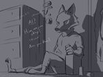  absurd_res against_wall al_(weaver) anthro canine clothed clothing dialogue disney door dresser fur hi_res kam male mammal monochrome pack_street paws sitting solo sound_effects text wolf zootopia 