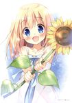  :d absurdres blonde_hair blue_eyes blush collarbone dress eyebrows_visible_through_hair flower hair_between_eyes head_tilt highres holding holding_flower jewelry long_hair looking_at_viewer necklace open_mouth original outstretched_arms pan_(mimi) scan smile solo sundress sunflower white_background white_dress 