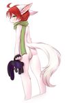  anthro anus backsack balls blush butt canine crunchobar fur green_eyes hair looking_back male mammal open_mouth pink_nose plushie red_hair scarf solo standing white_fur wolf 