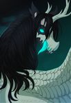  black_hair blue_eyes blue_tongue equine feathered_wings feathers feral hair horn jay-kuro looking_back mammal solo white_feathers wings 