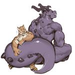  anthro dragon duo feline fur horn jacketbear kemono male male/male mammal muscular nude purple_scales scales size_difference tagme yellow_fur 