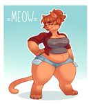  anthro belly big_belly big_breasts breasts brown_hair cat cleavage clothed clothing cuprumrus feline female hair hand_on_hip mammal red_eyes shorts slightly_chubby thick_thighs tongue wide_hips 