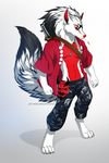  4_toes 5_fingers anthro barefoot black_hair canine clothed clothing digitigrade dog fluffy fluffy_tail fur hair jay-kuro male mammal red_fur red_nose simple_background standing toes white_background white_fur white_hai 