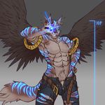  abs belt biceps canine clothed clothing fur glowing green_eyes grin jacketbear magic male mammal navel pecs pubes runes smile smirk solo sparkle topless unzipped_pants winged_wold wings wolf 