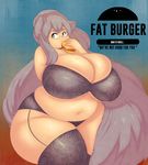  animal_humanoid belly big_belly big_breasts breasts burger cat_humanoid cleavage clothed clothing eating english_text eyewear feline food garter_belt garter_straps glasses grey_hair hair humanoid jaykuma mammal navel slightly_chubby text thick_thighs weight_gain wide_hips 