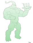  3_toes 4_fingers abs barefoot barely_visible_genitalia biceps big_biceps big_bulge bow_tie bulge clothed clothing digital_drawing_(artwork) digital_media_(artwork) empty_eyes flaccid front_view full-length_portrait goo green_body huge_muscles humanoid_hands league_of_legends looking_at_viewer male manly monochrome muscular muscular_male nipples pecs penis penis_base portrait quads rugelor serratus signature simple_background skimpy smile solo standing thick_neck toes topless triceps vein video_games waiter white_background zac_(lol) 