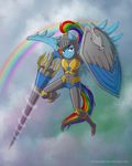  anthro armor blue_feathers equine feathers female friendship_is_magic hair jay-kuro mammal multicolored_hair my_little_pony pegasus purple_eyes rainbow_dash_(mlp) rainbow_hair smile solo wings 