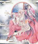  2girls black_hair bow branch collared_shirt commentary_request fire fujiwara_no_mokou grey_hair hair_bow highres holding holding_branch houraisan_kaguya jeweled_branch_of_hourai long_hair long_skirt long_sleeves multiple_girls ofuda ofuda_on_clothes pants pink_shirt pyrokinesis red_eyes red_pants shirt skirt suspenders touhou very_long_hair white_shirt wide_sleeves yanagise 