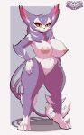 anthro areola big_breasts breasts curled_tail felid female front_view fur generation_4_pokemon genitals hand_on_hip hi_res huge_breasts knightmoonlight98 looking_at_viewer mammal nintendo nipples nude pokemon pokemon_(species) purple_body purple_fur purugly pussy solo tail tail_tuft thick_thighs tuft yellow_eyes