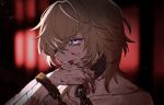  1boy aventurine_(honkai:_star_rail) blonde_hair blood blood_on_face blood_on_hands chain cuffs hair_between_eyes handcuffs highres honkai:_star_rail honkai_(series) male_focus messy_hair mgmg_0u0 multicolored_eyes restrained shirt short_hair solo two-tone_eyes 