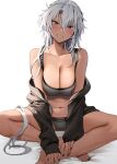  1girl absurdres bare_shoulders barefoot black_jacket black_nails breasts brown_eyes cleavage commentary_request dark-skinned_female dark_skin duplicate glasses grey_hair grey_panties grey_sports_bra hair_between_eyes hand_on_own_ankle head_tilt highres indian_style jacket jewelry kantai_collection large_breasts long_hair looking_at_viewer musashi_(kancolle) nail_polish navel off_shoulder open_clothes open_jacket panties parted_lips pixel-perfect_duplicate ring semi-rimless_eyewear simple_background sitting smile sports_bra stomach toenail_polish toenails underwear very_long_hair wedding_ring white_background yunamaro 