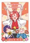  3boys :d ^_^ arms_up blonde_hair blue_eyes blue_hair blue_kimono border chibi closed_eyes closed_mouth commentary_request dated facing_viewer fang hand_fan happy_birthday happy_new_year highres holding holding_fan idol_time_pripara japanese_clothes kimono long_sleeves looking_at_another male_focus mitaka_asahi multiple_boys new_year open_mouth poro_(pweedro) pretty_series pripara red_hair red_kimono short_hair smile takase_koyoi v white_border wide_sleeves yellow_eyes yumekawa_shogo 