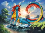 anthro detailed_background dragon female hi_res macro mythological_creature mythological_scalie mythology nipples nude redelder scalie sea sky solo sunset tail water