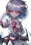  1girl 33_gaff absurdres ascot bat_wings commentary grey_hair highres looking_at_viewer open_mouth red_ascot red_eyes remilia_scarlet shirt short_hair short_sleeves simple_background solo touhou white_background white_shirt wings 