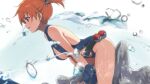  1girl ahonoko bare_arms bare_shoulders bent_over blue_gloves blue_one-piece_swimsuit blurry blurry_background blurry_foreground breasts cleavage commentary_request fingerless_gloves from_side gloves highres lapras large_breasts medium_hair misty_(pokemon) one-piece_swimsuit orange_hair poke_ball pokemon pokemon:_the_electric_tale_of_pikachu pokemon_(creature) riding side_ponytail swimsuit water_drop white_background 