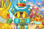  blue_hat bow bowtie castle character_mask doomer_(kirby) game_screenshot_background grand_doomer hakaba_(ksni_tbn) kirby&#039;s_return_to_dream_land_deluxe kirby_(series) looking_at_another magolor mask no_humans rayman_limbs red_eyes star_(symbol) translation_request waddle_dee wings yellow_eyes 