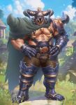  1boy 6suan abs armor armored_boots bara bare_pectorals boots brown_pants bulge chest_belt cloud dark-skinned_male dark_skin day draph full_body gauntlets granblue_fantasy grass greaves helmet highres horns large_pectorals male_focus muscular muscular_male outdoors pants pauldrons pectorals shoulder_armor sky solo standing subtitled thick_thighs thighs vaseraga 