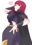  1girl ass black_cape bodysuit breasts cape clothing_cutout facial_mark fire_emblem fire_emblem_engage gold_belt hair_ornament highres large_breasts maplesugar7324 purple_bodysuit red_eyes red_hair side_cutout star_(symbol) star_facial_mark star_hair_ornament yunaka_(fire_emblem) 