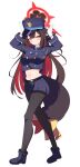  1girl absurdres animal_ears austsue blue_archive blue_skirt boots breasts brown_hair buttons cosplay cropped_jacket crossed_legs double-breasted ears_down eyeshadow fang fox_ears fox_girl fox_tail full_body gloves gradient_tail hair_between_eyes halo hat highres hikari_(blue_archive) hikari_(blue_archive)_(cosplay) hip_focus legs long_hair long_sleeves looking_at_viewer makeup medium_breasts midriff miniskirt multicolored_hair navel pantyhose pleated_skirt red_eyeshadow red_hair red_halo skirt slit_pupils smile solo standing tail thighs two-tone_hair very_long_hair wakamo_(blue_archive) walking white_gloves yellow_eyes 