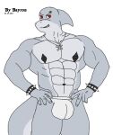 2017 abs anthro artist_name bayron_(artist) biceps bracelet bulge clothed clothing dated dorsal_fin fin fish grey_body grey_scales humanoid_hands jewelry jolly_roger looking_at_viewer male marine muscular muscular_anthro muscular_male nails navel necklace pecs red_eyes scales shark simple_background smile smiling_at_viewer snout solo spiked_bracelet spikes tail topless topless_anthro topless_male underwear white_background white_clothing white_underwear