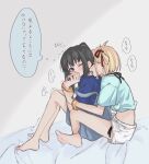  2girls bare_legs barefoot black_hair blonde_hair blue_shirt blush closed_eyes commentary_request grey_background hair_ribbon highres indoors inoue_takina long_hair lycoris_recoil medium_hair midriff multiple_girls nishikigi_chisato on_bed one_eye_closed one_side_up open_mouth ponytail purple_eyes red_ribbon ribbon shirt shorts sitting sitting_between_lap speech_bubble sweat syonosuke9573 thought_bubble translation_request trembling white_shorts yuri 