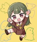  1girl :d arms_up blush_stickers braid brown_dress brown_footwear center-flap_bangs child&#039;s_drawing claw_pose commentary_request deformed dinosaur dress full_body green_hair hasu_no_sora_school_uniform highres kachimachi_kosuzu leg_up link!_like!_love_live! long_hair long_sleeves looking_at_viewer love_live! massigura medium_dress neckerchief open_mouth pink_eyes pleated_dress rhinoceros sailor_collar sailor_dress school_uniform side_braids smile socks solo straight_hair teeth upper_teeth_only v-shaped_eyebrows virtual_youtuber white_sailor_collar white_socks winter_uniform yellow_background yellow_neckerchief 