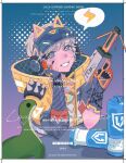  1girl animal_ear_headphones animal_ears animification apex_legends battery blonde_hair blue_hat bright_pupils cat_ear_headphones energy_reader_(apex_legends) fake_animal_ears gloves hand_on_own_cheek hand_on_own_face headphones highres holding holding_weapon jacket lazyer lightning_bolt_symbol looking_at_viewer nessie_(respawn) official_alternate_costume purple_eyes purple_gloves short_hair shoulder_spikes smile solo speech_bubble spikes stuffed_toy thunder_kitty_wattson visor_cap watermark wattson_(apex_legends) weapon white_pupils yellow_jacket 