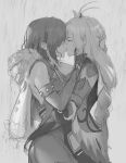  2girls absurdres bare_shoulders bodysuit cape closed_eyes commentary cowboy_shot english_commentary french_kiss from_side genshin_impact gloves greyscale hand_on_another&#039;s_head hand_on_another&#039;s_waist highres ker0nit0 kiss long_hair monochrome multiple_girls outdoors profile rain shenhe_(genshin_impact) short_hair tongue tongue_out yelan_(genshin_impact) yuri 