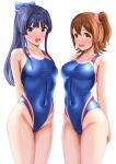  2girls absurdres black_hair blue_eyes blue_one-piece_swimsuit breasts brown_eyes brown_hair cameltoe competition_swimsuit covered_navel covered_nipples embarrassed highres idolmaster idolmaster_million_live! kasuga_mirai long_hair looking_at_viewer medium_breasts mogami_shizuka multicolored_clothes multicolored_swimsuit multiple_girls one-piece_swimsuit one_side_up open_mouth ponytail sidelocks simple_background small_breasts standing swimsuit toritori_miri white_background 