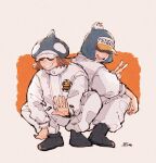  2boys akuta_ji black_footwear covered_eyes full_body hat jumpsuit long_sleeves male_focus multiple_boys one_piece orange_background penguin_(one_piece) shachi_(one_piece) short_hair signature simple_background smile squatting teeth upper_teeth_only v waving white_jumpsuit 