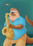anthro belly bottomwear brown_body brown_fur clothed clothing digital_media_(artwork) eyewear fur glasses hi_res male mammal mature_male music musical_instrument mustelid otter pants saxophone sea_otter shirt sibluself simple_background solo tail tan_body tan_fur topwear wind_instrument woodwind_instrument