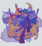  1girl arm_up black_footwear black_pants black_vest blonde_hair blue_cape blue_hat boots cape carousel cavalier_hat cloud collared_shirt color8838 don_quixote_(project_moon) full_body highres holding holding_sword holding_weapon limbus_company open_mouth pants project_moon rapier shirt short_hair simple_background smile solo sword vest weapon white_background white_shirt yellow_eyes 