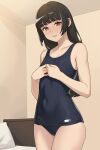  1girl black_hair blush breasts brown_eyes commentary_request covered_navel hime_cut indoors long_hair one-piece_swimsuit original parted_lips school_swimsuit small_breasts solo swimsuit yizumi 