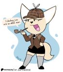  2024 aggretsuko black_bottomwear black_clothing black_eyes black_footwear black_necktie black_nose black_shoes black_skirt bottomwear canid canine clothing colored detective detective_hat e621 el_senor_erizo english_text eyelashes female fennec_fox fenneko footwear fox fur grey_clothing grey_footwear grey_socks hi_res looking_at_viewer mammal mr_harinezumi necktie open_mouth open_smile patreon patreon_logo pipe sanrio simple_background skirt smile socks solo spanish_description speech_bubble tan_body tan_fur text tongue true_fox white_body white_fur 