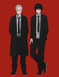  2boys black_hair black_necktie black_suit collared_shirt finger_tattoo glasses grey_hair hand_in_pocket highres looking_at_viewer multiple_boys nagumo_(sakamoto_days) neck_tattoo necktie red_background rokuen_skd sakamoto_days sakamoto_taro shirt suit tattoo white_shirt 