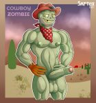 2024 absurd_res balls beard big_penis bodily_fluids clothing cowboy cowboy_hat electronic_arts erection facial_hair genital_fluids genitals glans gloves green_body green_skin hand_on_hip handwear hat headgear headwear hi_res humanoid looking_at_viewer male muscular muscular_male navel nipples nude pecs penis plants_vs._zombies popcap_games precum saggy_balls sartex signature simple_background smile solo text undead vein veiny_penis zombie