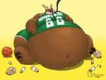3_toes 4_fingers anthro antlers basketball belly big_belly bloated blush bottomwear brown_body brown_fur brown_nose brown_pawpads candy chocolate chocolate_milk clothed clothing deer dessert feet fingers flavored_milk food fur grinnym hi_res horn huge_belly hyper hyper_belly male mammal milk milwaukee_bucks moobs morbidly_obese morbidly_obese_anthro morbidly_obese_male nba obese obese_anthro obese_male overweight overweight_anthro overweight_male pawpads shirt shorts simple_background sitting solo tan_antlers text text_on_clothing toes topwear wisconsin yellow_background