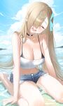  1girl ^_^ asuna_(blue_archive) bare_arms bare_legs bare_shoulders bikini bikini_under_clothes black_choker blonde_hair blue_archive blue_sky choker closed_eyes cloud commentary_request day denim denim_shorts facing_viewer hair_over_one_eye haruri head_tilt highres long_hair midriff navel shorts sitting sky solo strapless swimsuit thighs tube_top very_long_hair wariza 
