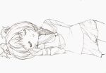  1girl cardcaptor_sakura closed_eyes greyscale hair_bobbles hair_ornament himehachi_(hime8manga) kinomoto_sakura lying monochrome neckerchief on_side parted_lips sailor_collar school_uniform short_hair simple_background sketch skirt sleeping solo tomoeda_elementary_school_uniform 