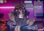 2024 5_fingers 5_toes absurd_res anthro bashbl-ux black_nose bottomwear brown_body brown_fur brown_hair chair claws clothed clothing dialogue dialogue_box double_claw eye_scar facial_scar feet fingers fluffy foot_focus full_pad fur furniture grey_pawpads grey_soles gulonine hair hi_res hybrid hypnosis hypnotic_eyes hypnotize hypnotizing_viewer kangaroo livestream macropod male mammal marsupial marten mind_control mustelid musteline open_clothing open_mouth open_topwear open_vest orange_eyes pawpads paws plantigrade ra&#039;zim raised_leg sable_(marten) scar shirt shorts smile smirk tail tan_body tan_fur toe_claws toes topwear vest