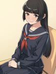  1girl black_hair black_serafuku brown_eyes commentary_request hime_cut long_hair looking_at_viewer neckerchief original red_neckerchief school_uniform serafuku sitting smile yizumi 