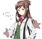  1girl ace_attorney brown_eyes brown_hair character_name coat commentary ema_skye eyewear_on_head glasses green_shirt hands_on_own_hips lab_coat long_hair looking_at_viewer neckerchief pink-tinted_eyewear red_neckerchief shirt solo star_(symbol) tinted_eyewear weee_(raemz) white_coat 