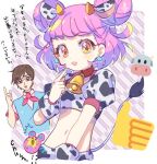  1boy 1girl :d akai_meganii animal_ears animal_print bell commentary_request cow_ears cow_horns cow_print cow_tail cowboy_shot crop_top double_bun earrings emoji fake_animal_ears hair_bun hand_up horns jewelry kiracchu_(pri_chan) kiratto_pri_chan looking_at_viewer moshao_(sarada1717) navel neck_bell open_mouth pink_hair pretty_series puffy_short_sleeves puffy_sleeves short_hair short_sleeves smile solo_focus standing star-shaped_pupils star_(symbol) star_earrings symbol-shaped_pupils tail thumbs_up_emoji translation_request wrist_cuffs yellow_eyes 