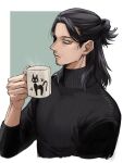  1boy bags_under_eyes black_hair black_sweater boku_no_hero_academia border closed_mouth cropped_torso cup eraser_head_(boku_no_hero_academia) facial_hair goatee highres holding holding_cup long_sleeves looking_at_viewer male_focus mug mustache_stubble ribbed_sweater rnuyvm solo sparse_stubble stubble sweater white_border 