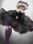  1girl am_isuel black_dress blue_eyes breasts cleavage_cutout clothing_cutout dress head_wreath highres layered_dress lolita_fashion long_sleeves navel navel_cutout pale_skin pantyhose rance_(series) simple_background small_breasts white_hair yononaka 