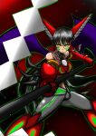  1girl arm_belt armor bare_shoulders black_background black_hair bow breasts collared_shirt crossover elbow_gloves facial_mark facing_viewer feet_out_of_frame forehead_mark frilled_bow frilled_hair_tubes frills full_body fusion gauntlets getter_robo gloves glowing_lines gohei gradient_background greaves green_light green_outline hair_between_eyes hair_bow hair_tubes hakurei_reimu highres holding holding_gohei long_hair looking_at_viewer mecha_musume midriff nontraditional_miko onikudaisukiz outline purple_wings red_armor red_background red_bow red_shirt shide shin_getter-1 shin_getter_robo shirt silver_legwear solo strapless touhou tube_top wings yellow_eyes 