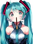  1girl ahoge aqua_eyes aqua_hair aqua_nails aqua_necktie bare_shoulders black_sleeves blush breasts collared_shirt commentary detached_sleeves eye_contact food food_in_mouth glowing hatsune_miku highres incoming_pocky_kiss koyubisennti looking_at_another looking_at_viewer medium_breasts mouth_hold necktie pocky pocky_day pocky_in_mouth shirt upper_body vocaloid white_background 